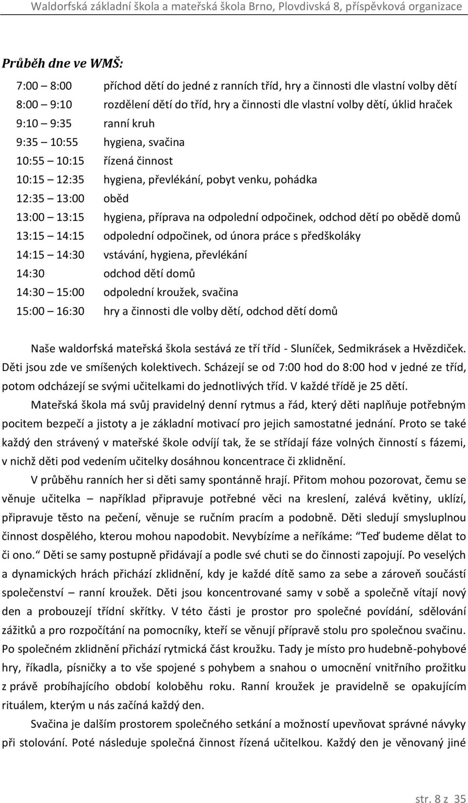 odchod dětí po obědě domů 13:15 14:15 odpolední odpočinek, od února práce s předškoláky 14:15 14:30 vstávání, hygiena, převlékání 14:30 odchod dětí domů 14:30 15:00 odpolední kroužek, svačina 15:00