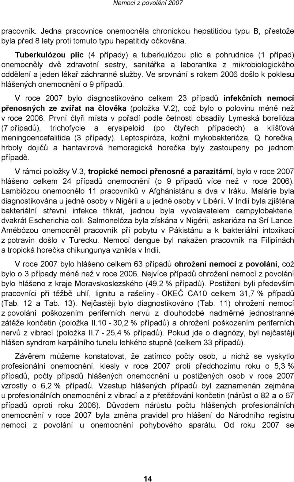 Ve srovnání s rokem 2006 došlo k poklesu hlášených onemocnění o 9 případů. V roce 2007 bylo diagnostikováno celkem 23 případů infekčních nemocí přenosných ze zvířat na člověka (položka V.