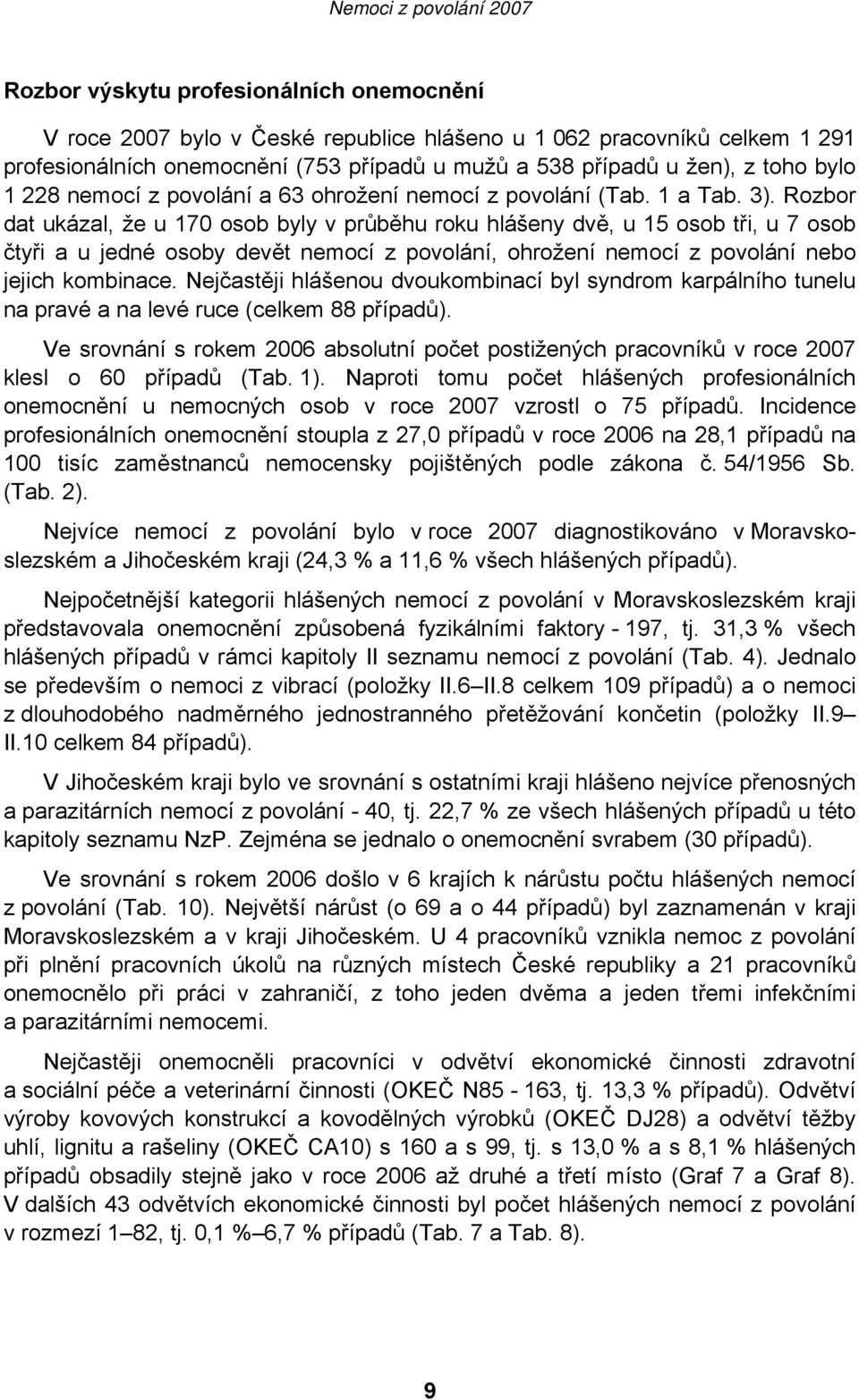 Rozbor dat ukázal, že u 170 osob byly v průběhu roku hlášeny dvě, u 15 osob tři, u 7 osob čtyři a u jedné osoby devět nemocí z povolání, ohrožení nemocí z povolání nebo jejich kombinace.