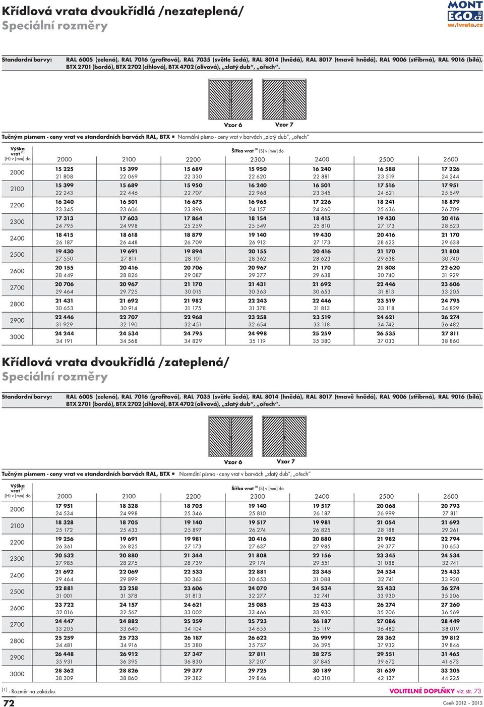 Vzor 6 Vzor 7 Tučným písmem - ceny vrat ve standardních barvách RAL, BTX Normální písmo - ceny vrat v barvách zlatý dub, ořech Výška vrat (1) (H) v [mm] do 2700 2800 2900 3000 15 225 15 399 15 689 15