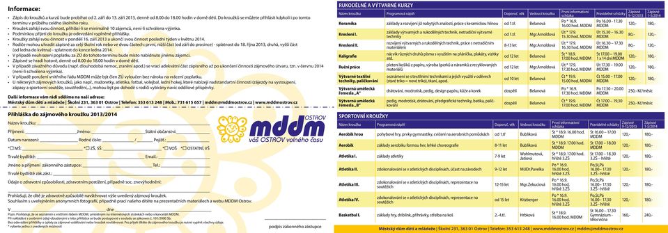 Podmínkou přijetí do je odevzdání vyplněné přihlášky. Kroužky zahájí svou činnost v pondělí 16. září 2013 a ukončí svou činnost poslední týden v květnu 2014.