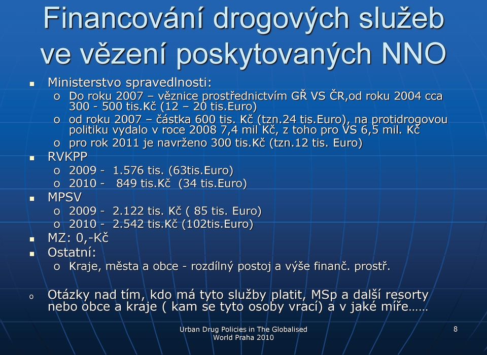 Eur) RVKPP 2009-1.576 tis. (63tis.Eur) 2010-849 tis.kč (34 tis.eur) MPSV 2009-2.122 tis. Kč ( 85 tis. Eur) 2010-2.542 tis.kč (102tis.