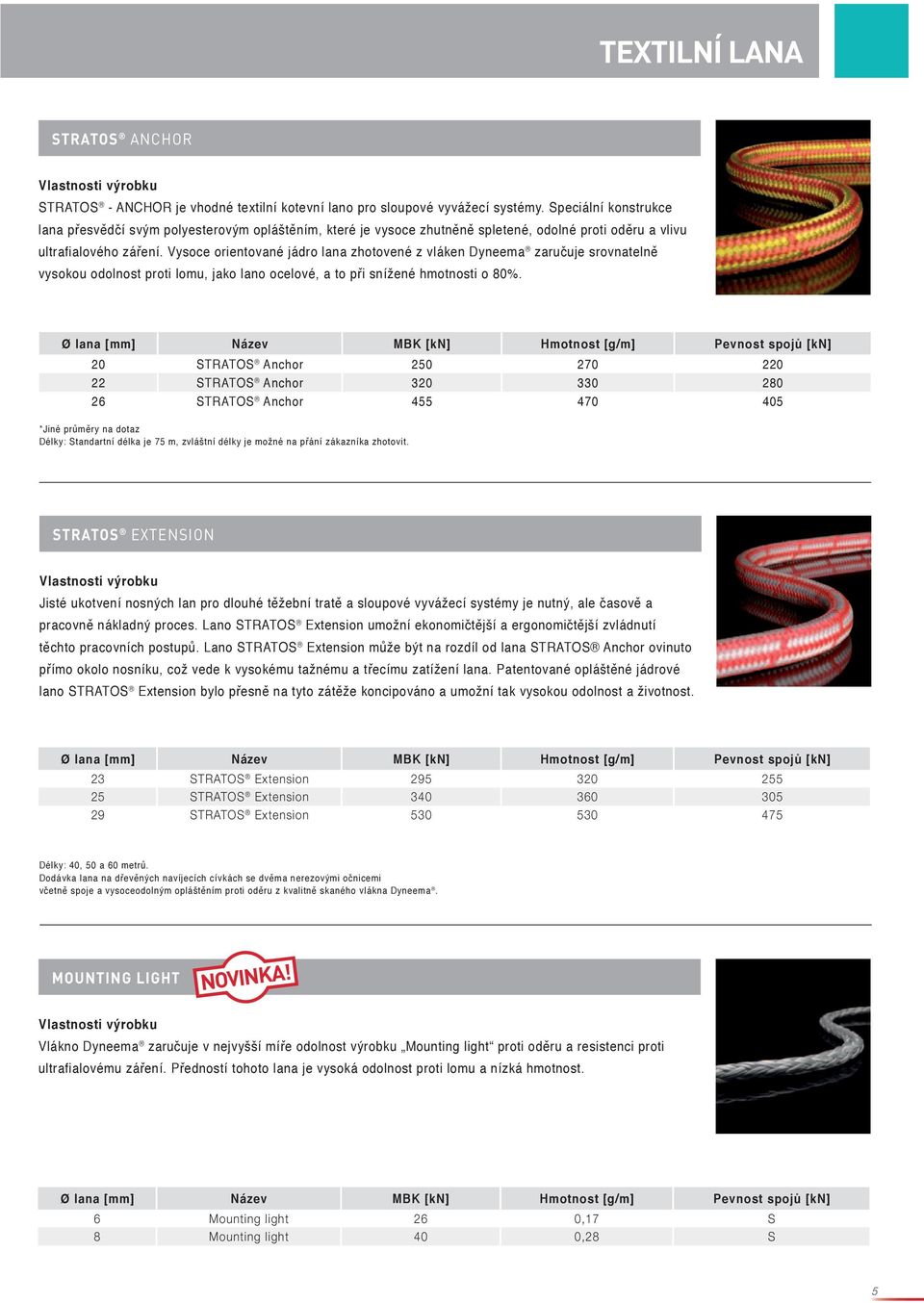Vysoce orientované jádro lana zhotovené z vláken Dyneema zaručuje srovnatelně vysokou odolnost proti lomu, jako lano ocelové, a to při snížené hmotnosti o 80%.