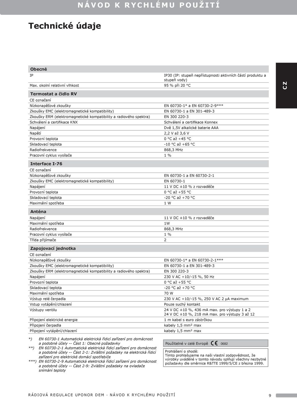 Zkoušky ERM (elektromagnetické kompatibility a radiového spektra) EN 300 220-3 Schválení a certifikace KNX Schválení a certifikace Konnex Napájení Dvě 1,5V alkalické baterie AAA Napětí 2,2 V až 3,6 V