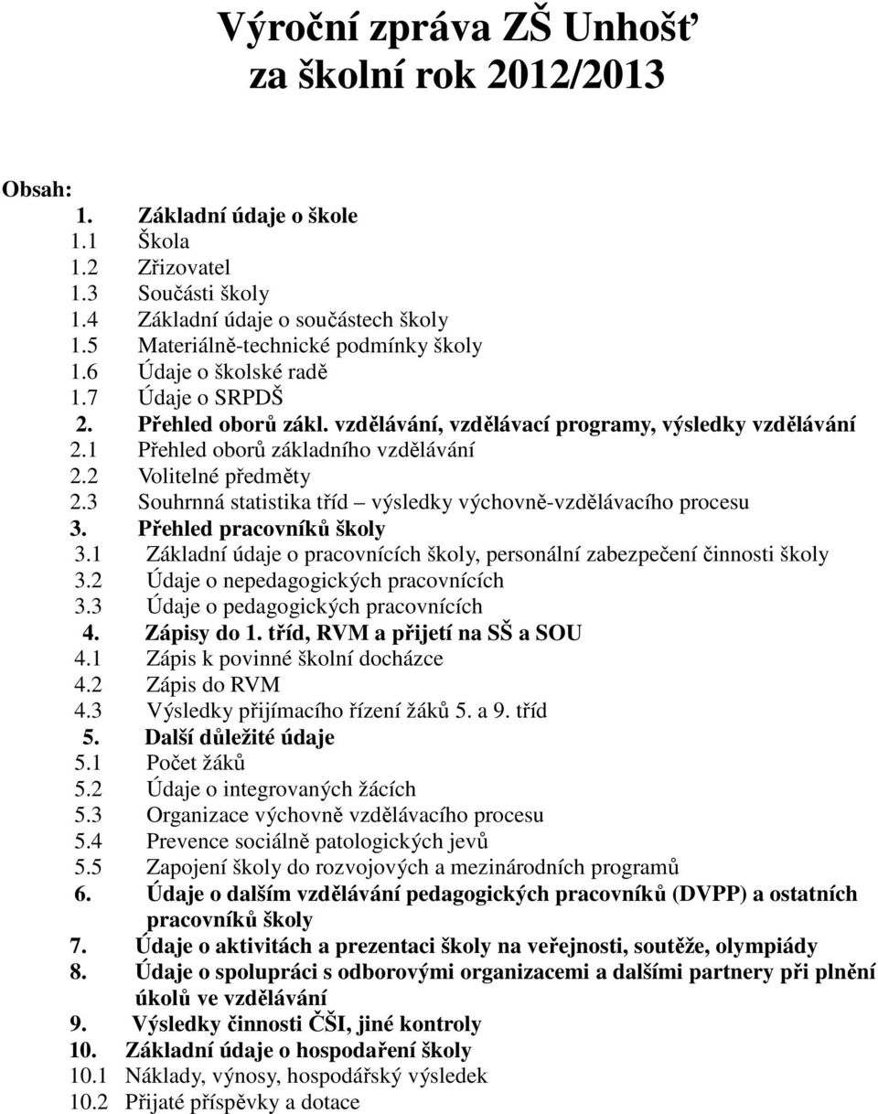 2 Volitelné předměty 2.3 Souhrnná statistika tříd výsledky výchovně-vzdělávacího procesu 3. Přehled pracovníků školy 3.1 Základní údaje o pracovnících školy, personální zabezpečení činnosti školy 3.