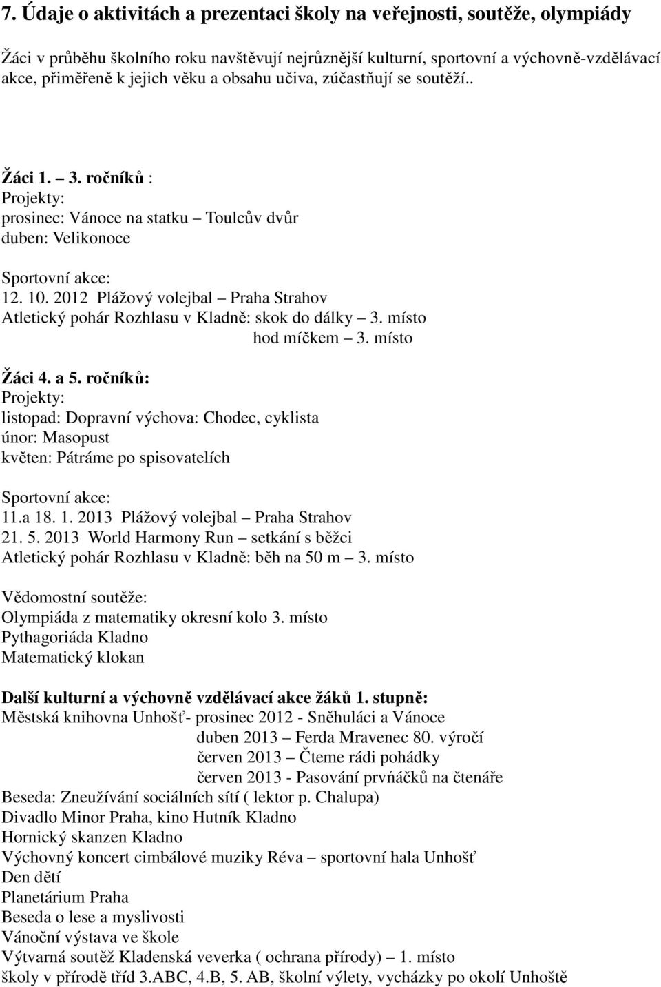 2012 Plážový volejbal Praha Strahov Atletický pohár Rozhlasu v Kladně: skok do dálky 3. místo hod míčkem 3. místo Žáci 4. a 5.