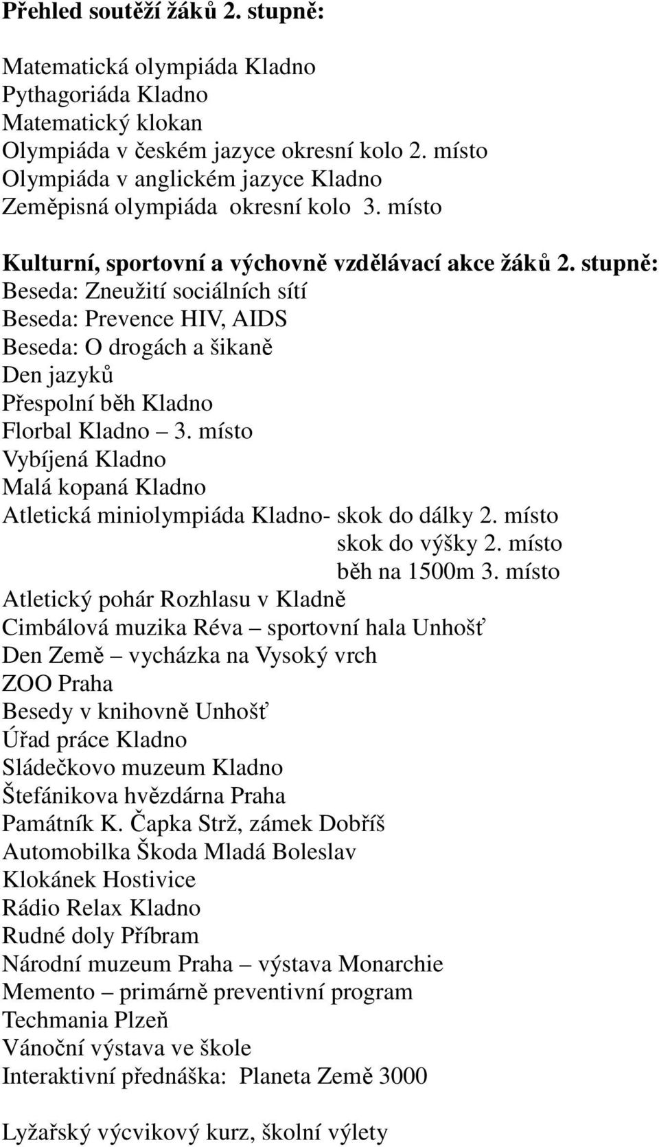 stupně: Beseda: Zneužití sociálních sítí Beseda: Prevence HIV, AIDS Beseda: O drogách a šikaně Den jazyků Přespolní běh Kladno Florbal Kladno 3.