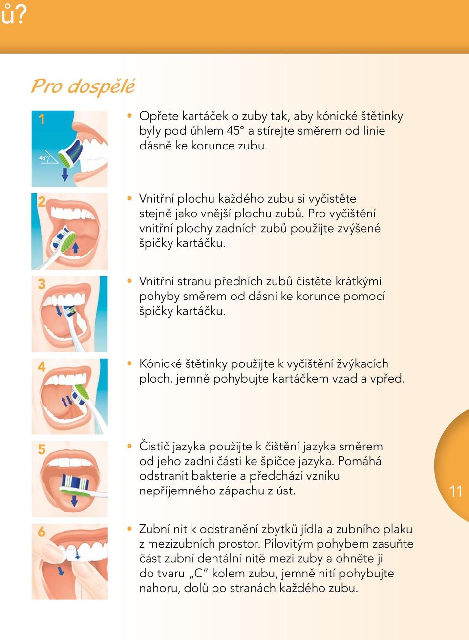 3 Vnitřní stranu předních zubů čistěte krátkými pohyby směrem od dásní ke korunce pomocí špičky kartáčku.