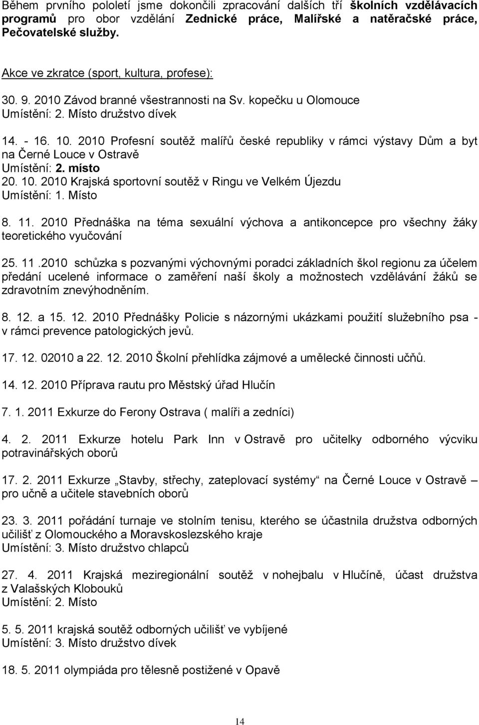 2010 Profesní soutěţ malířů české republiky v rámci výstavy Dům a byt na Černé Louce v Ostravě Umístění: 2. místo 20. 10. 2010 Krajská sportovní soutěţ v Ringu ve Velkém Újezdu Umístění: 1. Místo 8.