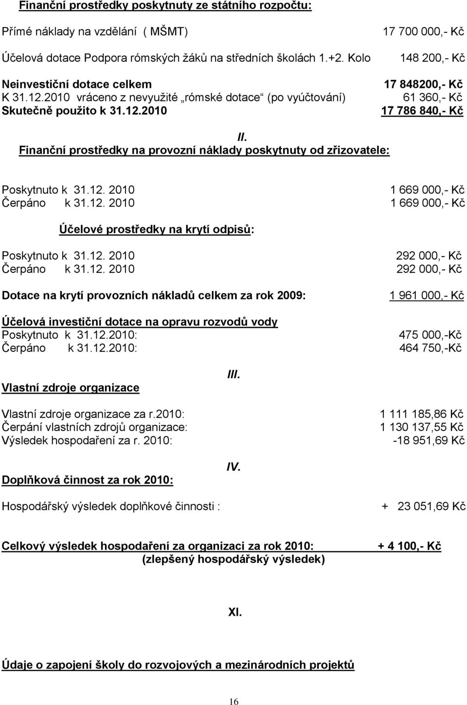 Finanční prostředky na provozní náklady poskytnuty od zřizovatele: Poskytnuto k 31.12. 2010 1 669 000,- Kč Čerpáno k 31.12. 2010 1 669 000,- Kč Účelové prostředky na krytí odpisů: Poskytnuto k 31.12. 2010 292 000,- Kč Čerpáno k 31.