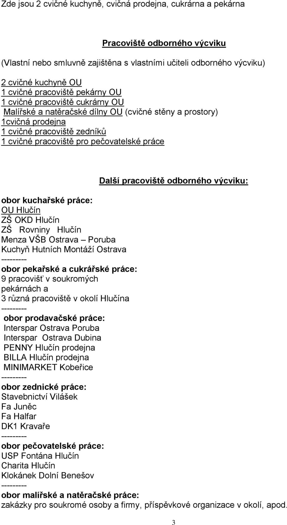 Další pracoviště odborného výcviku: obor kuchařské práce: OU Hlučín ZŠ OKD Hlučín ZŠ Rovniny Hlučín Menza VŠB Ostrava Poruba Kuchyň Hutních Montáţí Ostrava --------- obor pekařské a cukrářské práce: