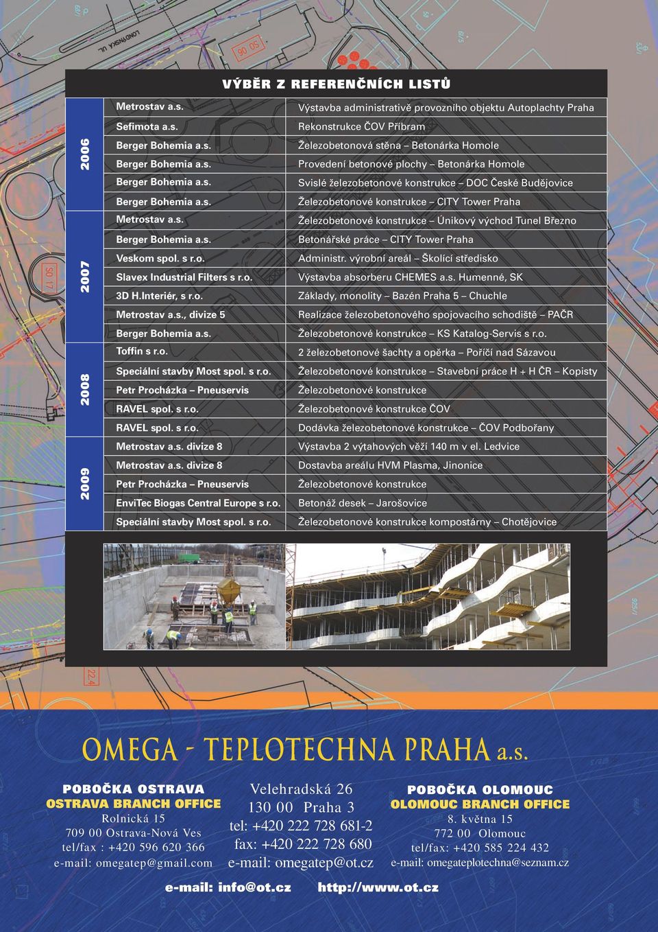 o. Speciální stavby Most spol. s r.o. Výstavba administrativě provozního objektu Autoplachty Praha Rekonstrukce ČOV Příbram Železobetonová stěna Betonárka Homole Provedení betonové plochy Betonárka