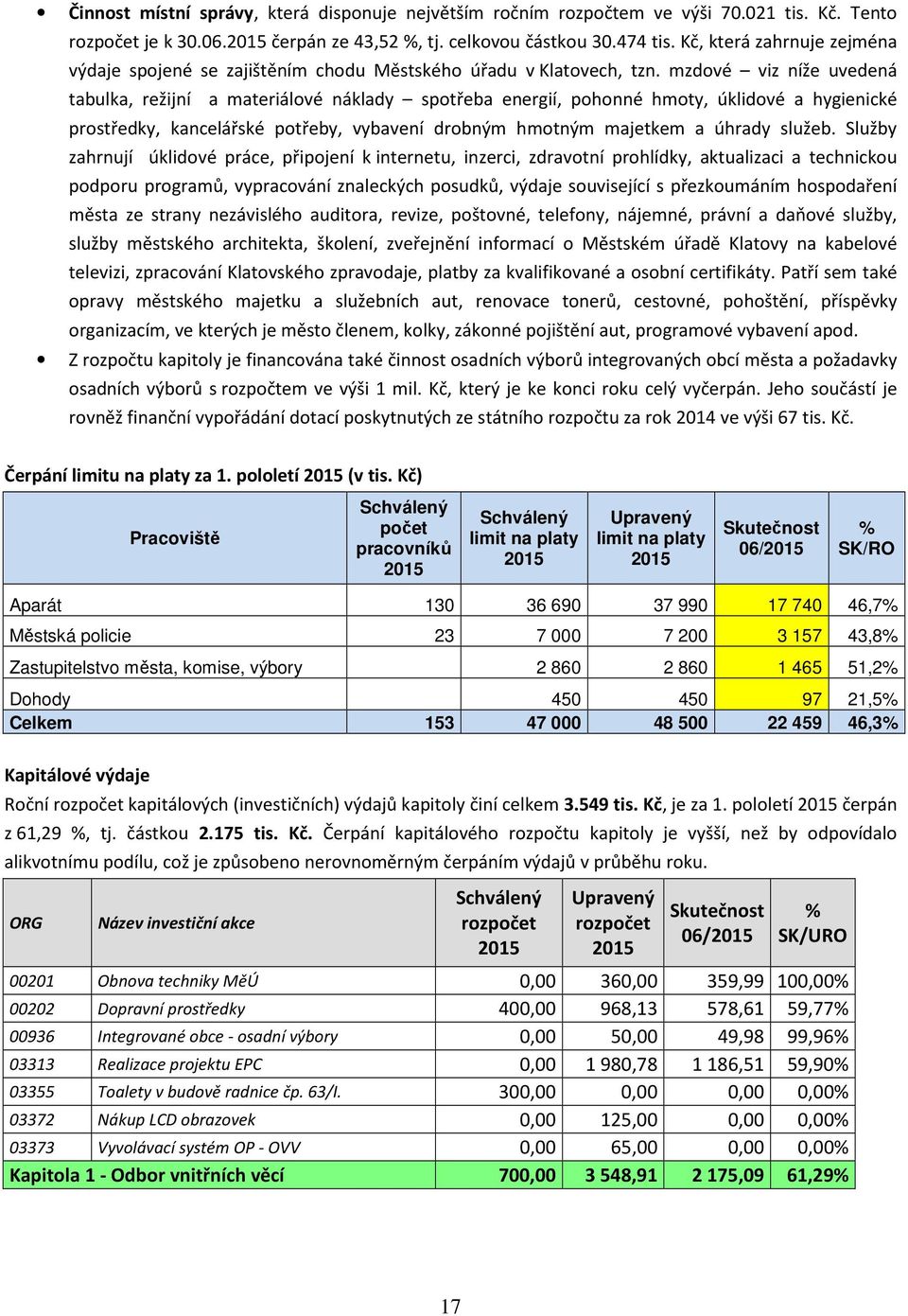 mzdové viz níže uvedená tabulka, režijní a materiálové náklady spotřeba energií, pohonné hmoty, úklidové a hygienické prostředky, kancelářské potřeby, vybavení drobným hmotným majetkem a úhrady