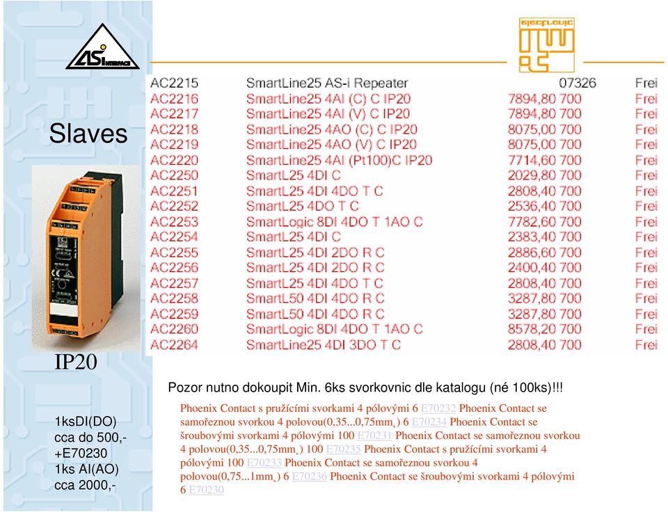 ..0,75mm ) 6 E70234 Phoenix Contact se šroubovými svorkami 4 pólovými 100 E70231 Phoenix Contact se samořeznou svorkou 4 polovou(0,35.