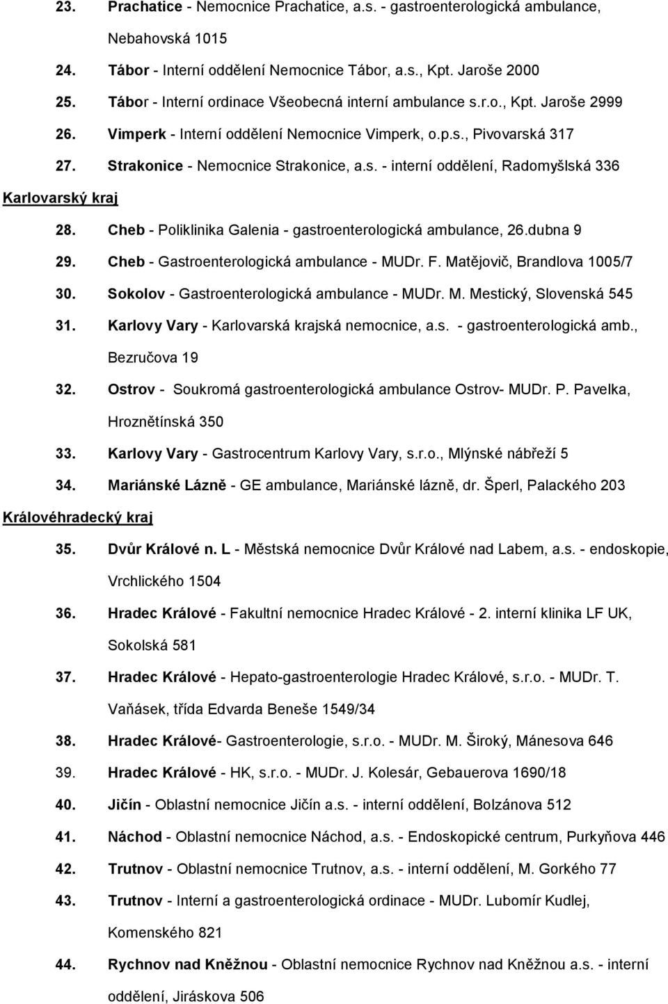 Cheb - Poliklinika Galenia - gastroenterologická ambulance, 26.dubna 9 29. Cheb - Gastroenterologická ambulance - MUDr. F. Matějovič, Brandlova 1005/7 30.