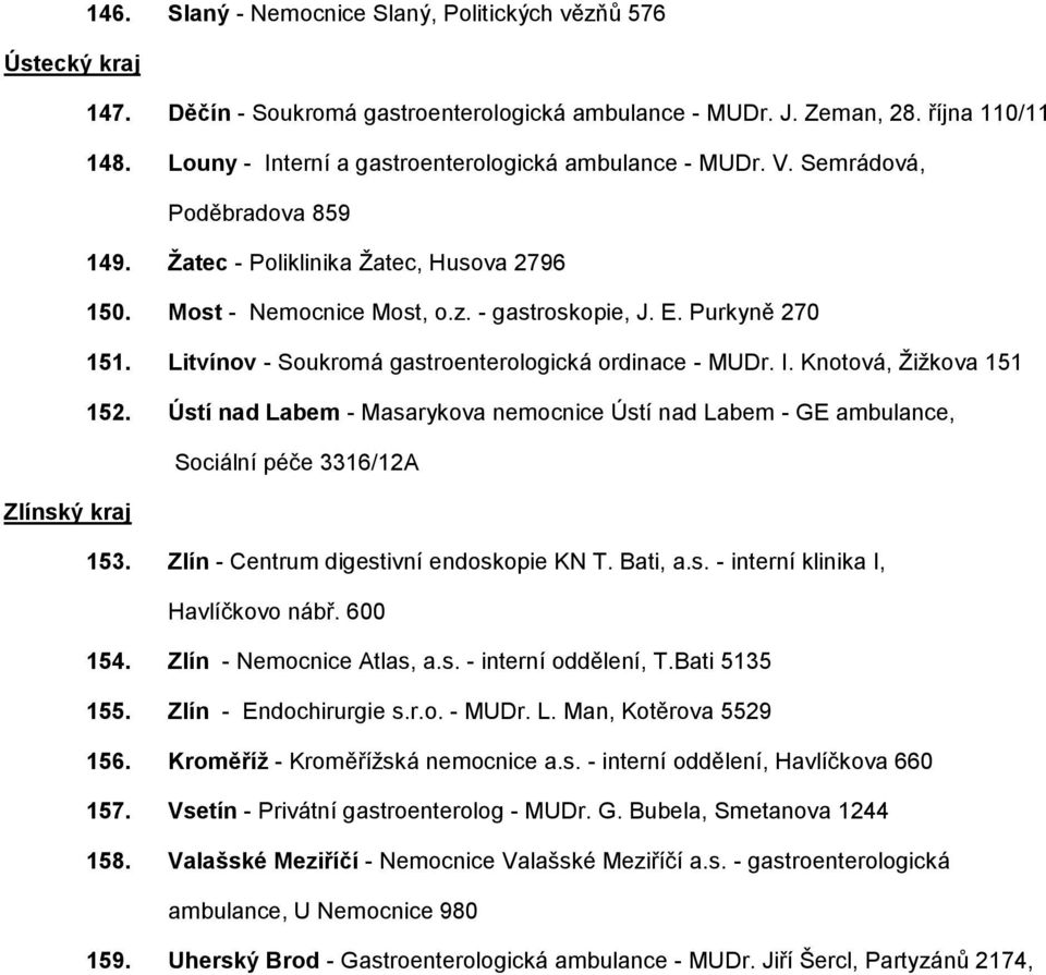 Purkyně 270 151. Litvínov - Soukromá gastroenterologická ordinace - MUDr. I. Knotová, Ţiţkova 151 152.