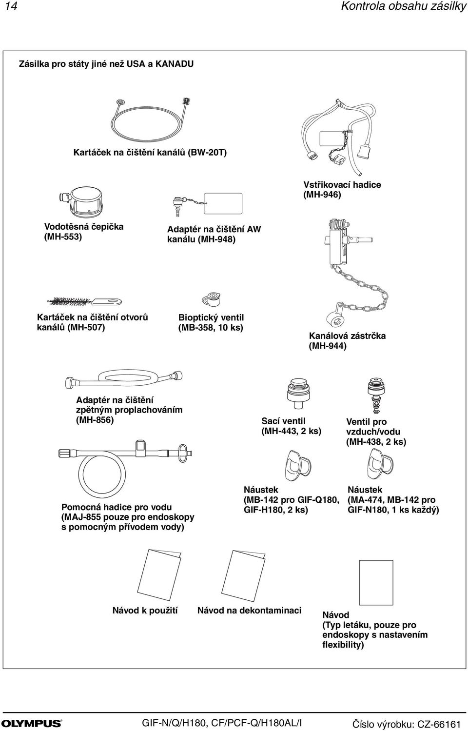 (MH-856) Sací ventil (MH-443, 2 ks) Ventil pro vzduch/vodu (MH-438, 2 ks) Pomocná hadice pro vodu (MAJ-855 pouze pro endoskopy s pomocným přívodem vody) Náustek (MB-142 pro