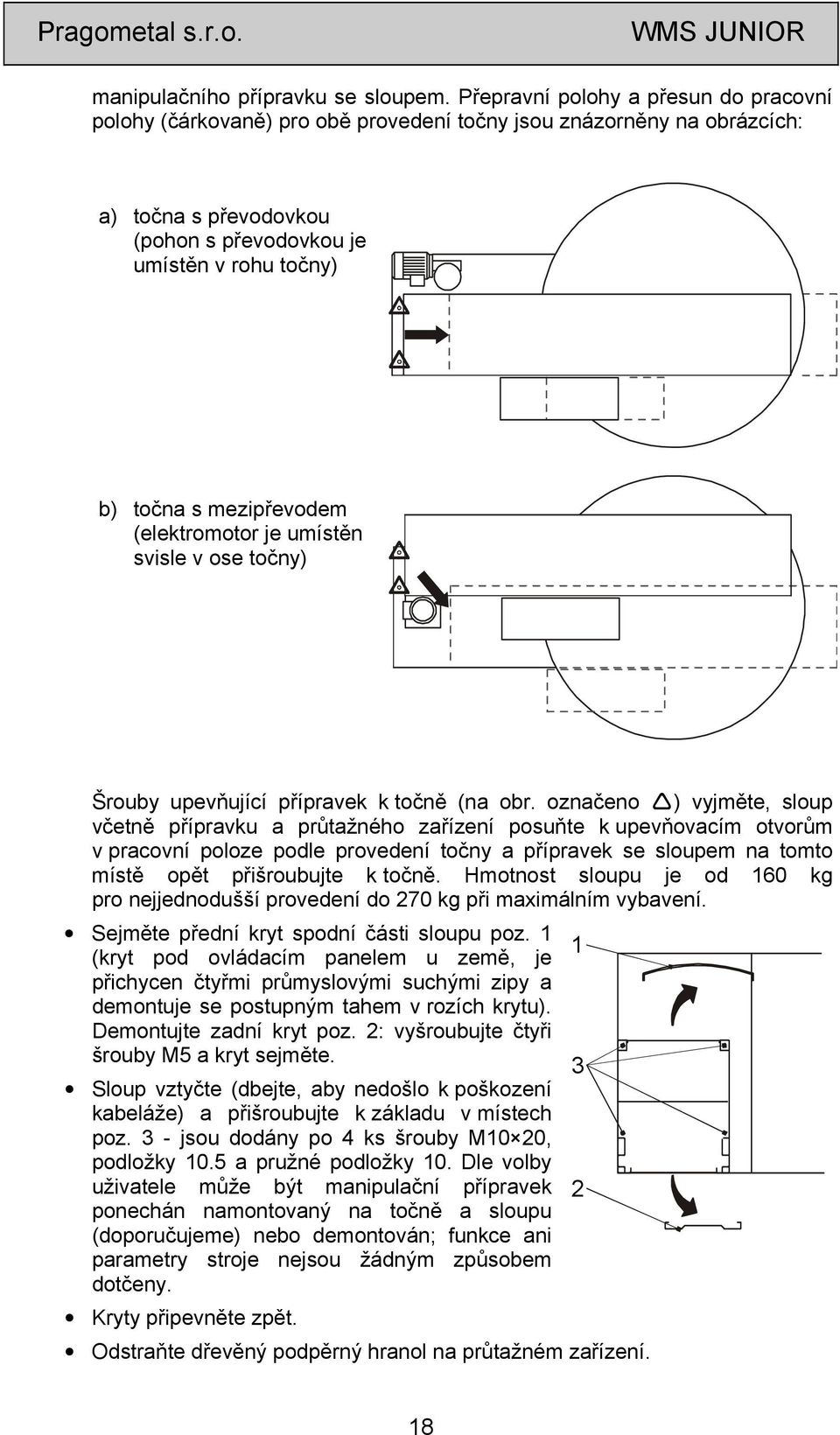 mezipřevodem (elektromotor je umístěn svisle v ose točny) Šrouby upevňující přípravek k točně (na obr.