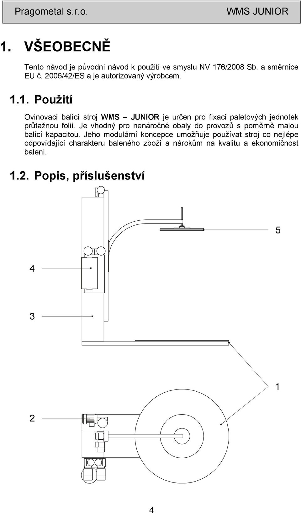 1. Použití Ovinovací balící stroj WMS JUNIOR je určen pro fixaci paletových jednotek průtažnou folií.