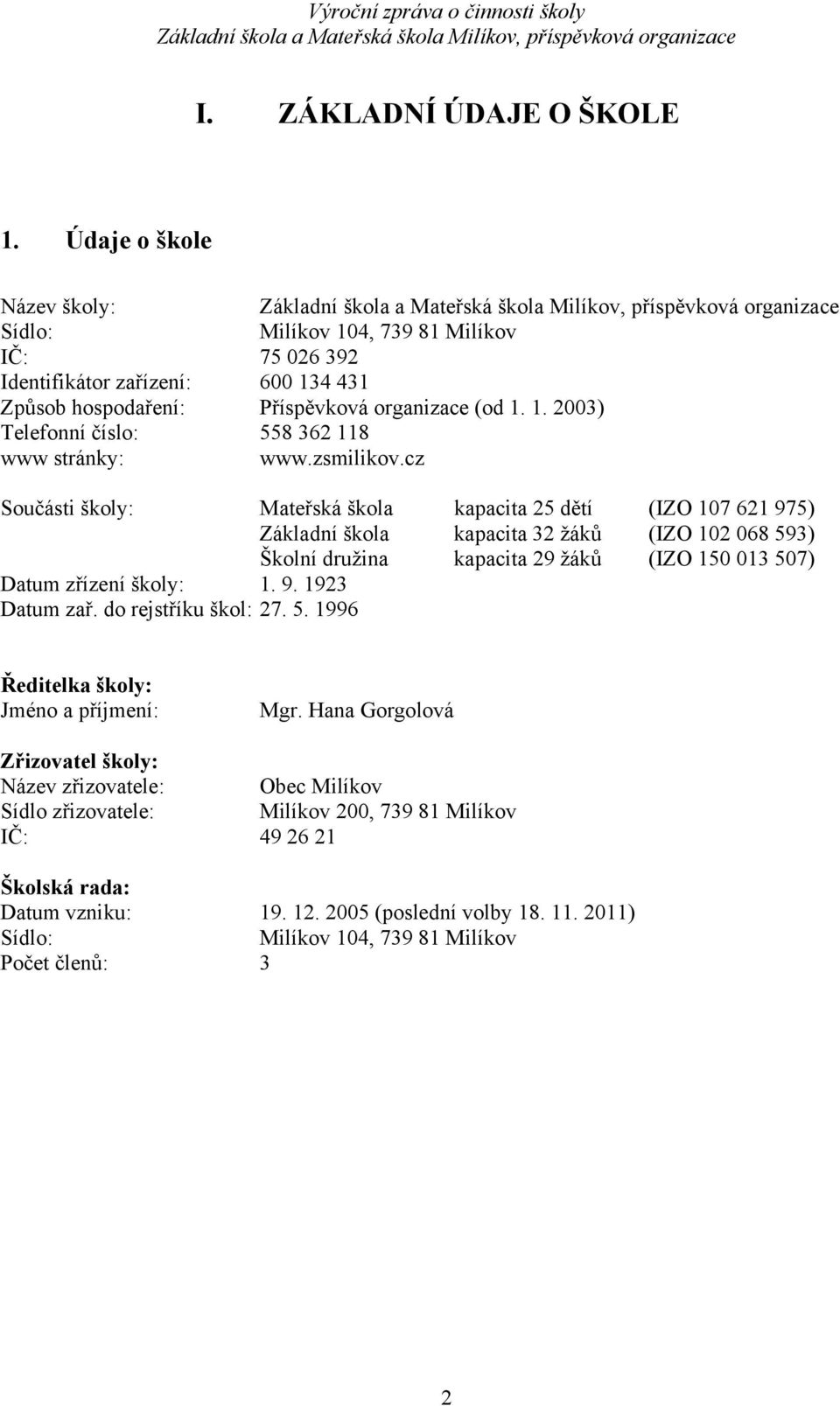 cz Milíkov 104, 739 81 Milíkov Součásti školy: Mateřská škola kapacita 25 dětí (IZO 107 621 975) Základní škola kapacita 32 žáků (IZO 102 068 593) Školní družina kapacita 29 žáků (IZO 150 013 507)