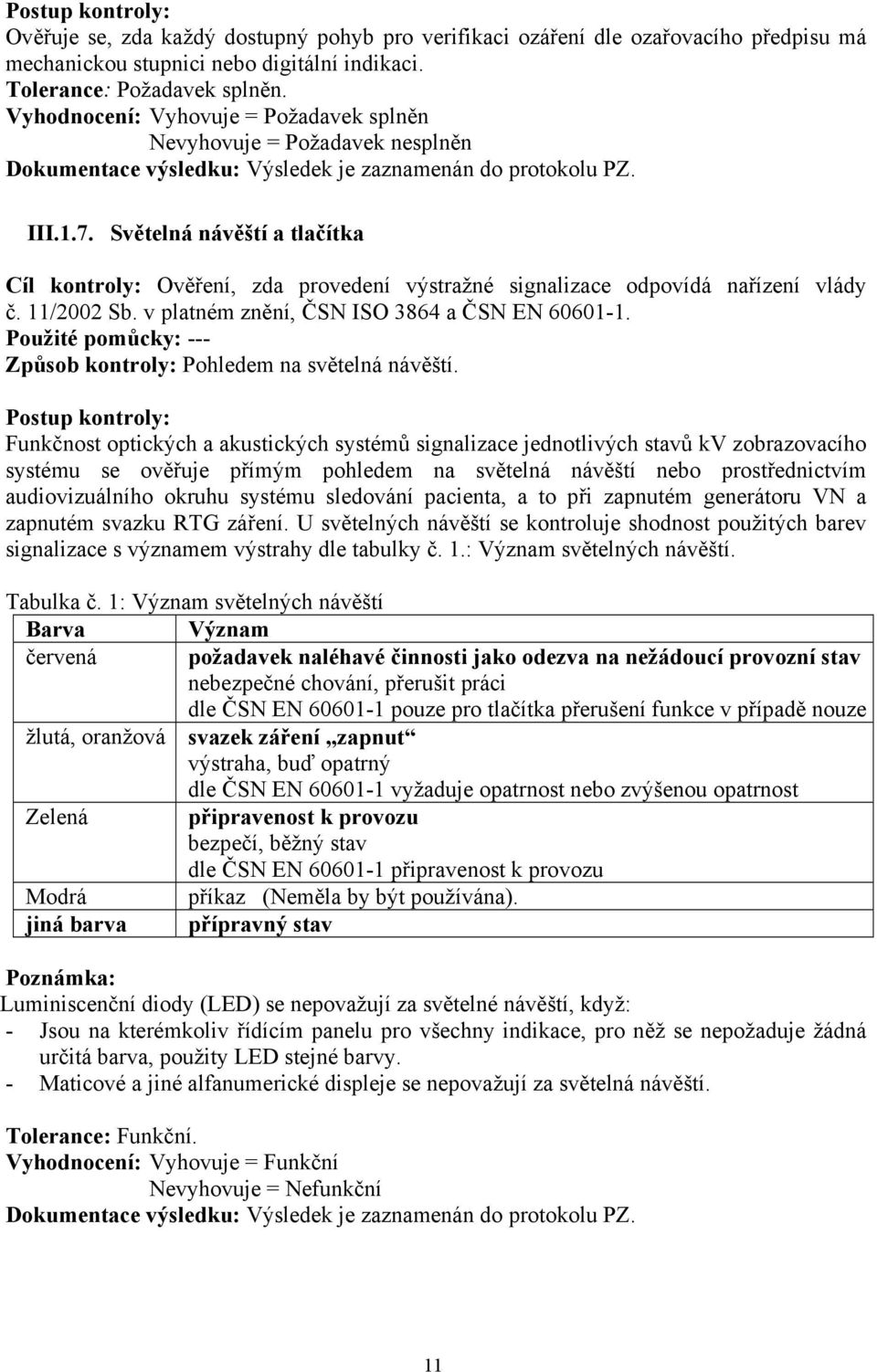 Světelná návěští a tlačítka Cíl kontroly: Ověření, zda provedení výstražné signalizace odpovídá nařízení vlády č. 11/2002 Sb. v platném znění, ČSN ISO 3864 a ČSN EN 60601-1.