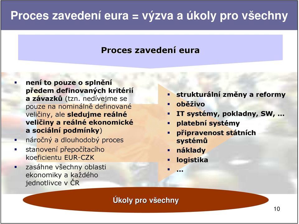 dlouhodobý proces stanovení přepočítacího koeficientu EUR-CZK zasáhne všechny oblasti ekonomiky a každého jednotlivce v ČR strukturáln lní