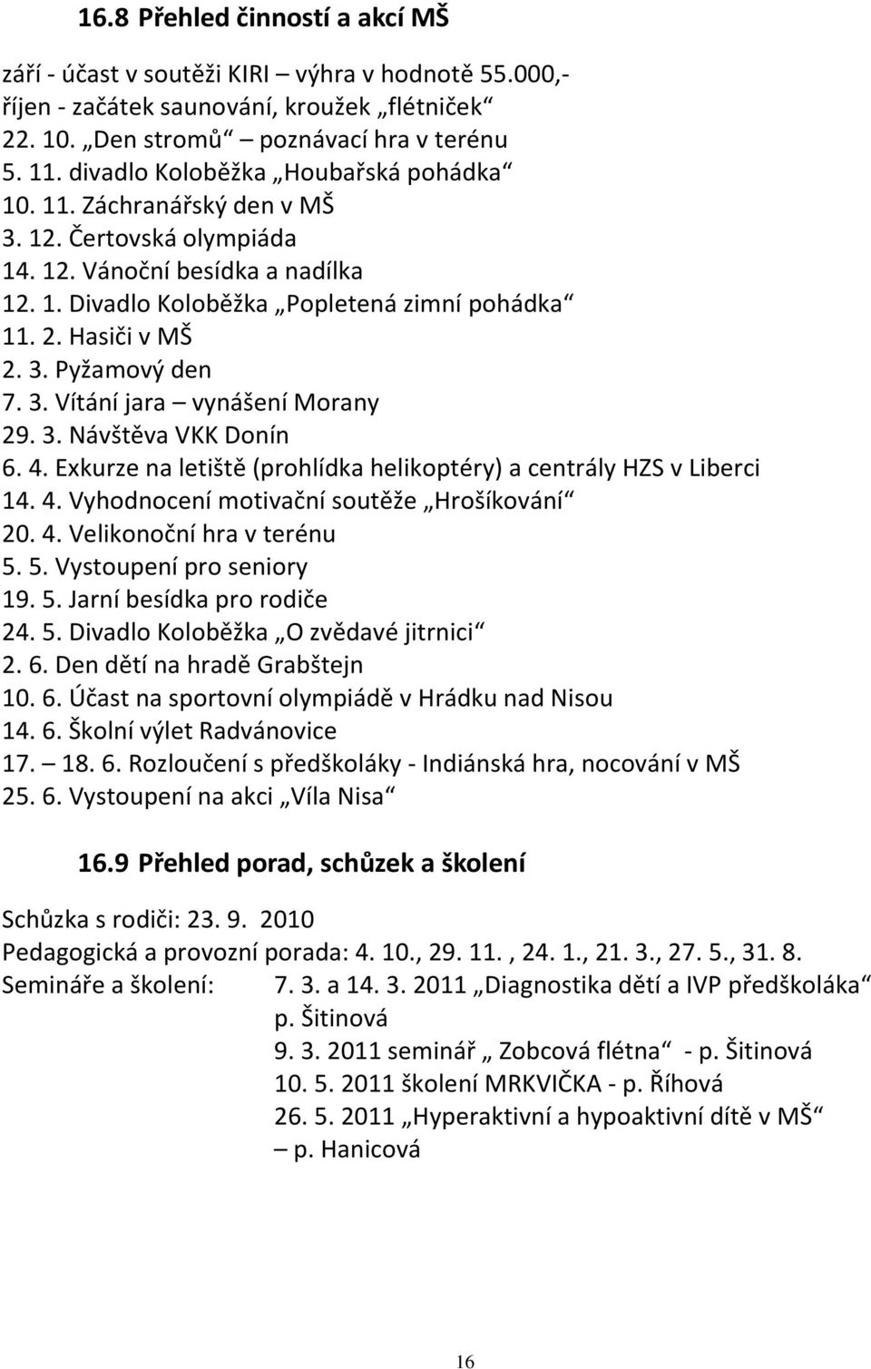 3. Vítání jara vynášení Morany 29. 3. Návštěva VKK Donín 6. 4. Exkurze na letiště (prohlídka helikoptéry) a centrály HZS v Liberci 14. 4. Vyhodnocení motivační soutěže Hrošíkování 20. 4. Velikonoční hra v terénu 5.