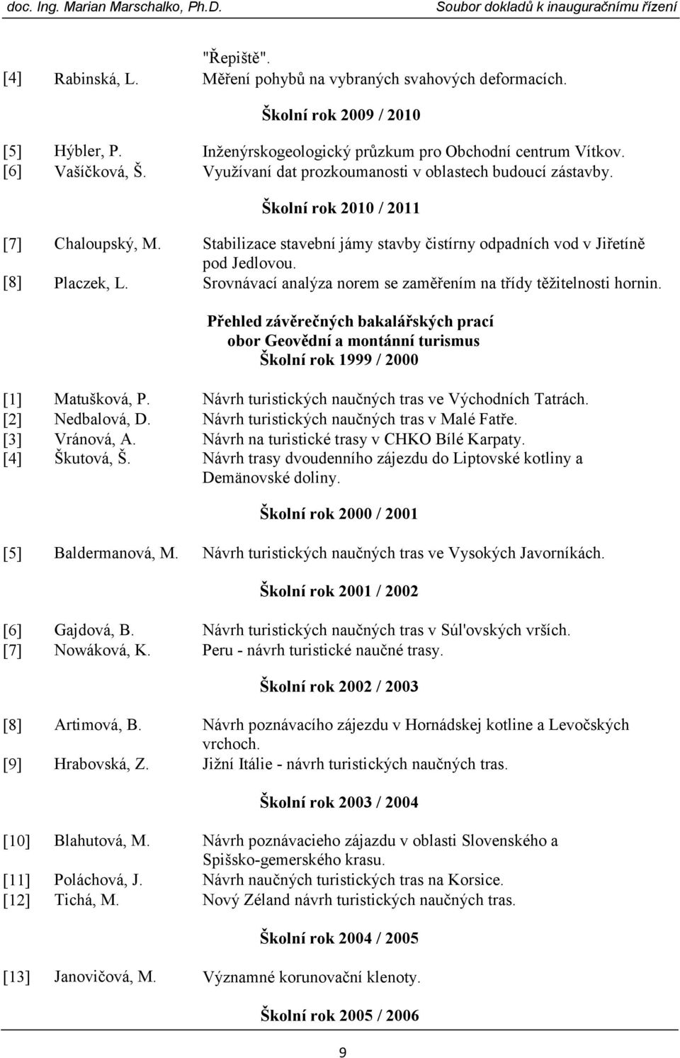 Srovnávací analýza norem se zaměřením na třídy těžitelnosti hornin. Přehled závěrečných bakalářských prací obor Geovědní a montánní turismus Školní rok 1999 / 2000 [1] Matušková, P.