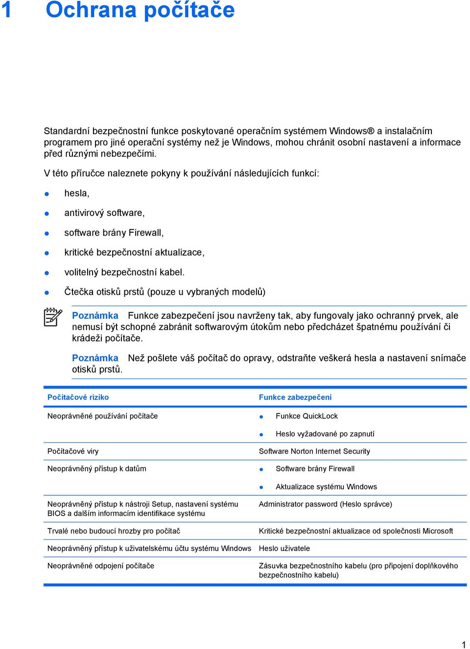 V této příručce naleznete pokyny k používání následujících funkcí: hesla, antivirový software, software brány Firewall, kritické bezpečnostní aktualizace, volitelný bezpečnostní kabel.