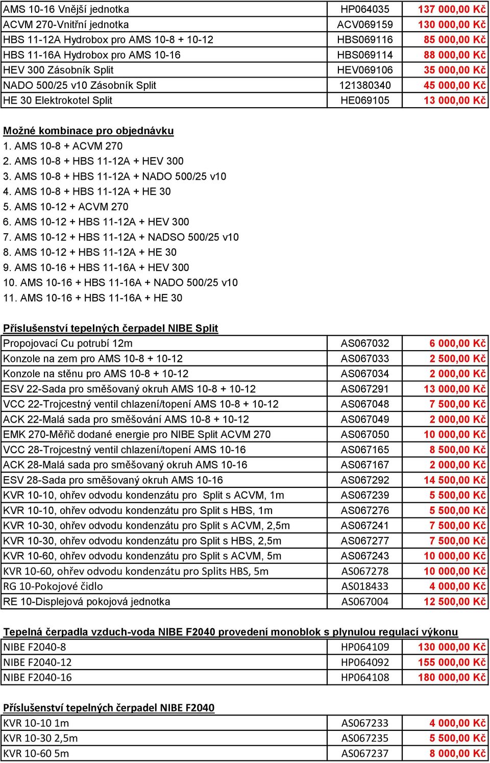 objednávku 1. AMS 10-8 + ACVM 270 2. AMS 10-8 + HBS 11-12A + HEV 300 3. AMS 10-8 + HBS 11-12A + NADO 500/25 v10 4. AMS 10-8 + HBS 11-12A + HE 30 5. AMS 10-12 + ACVM 270 6.