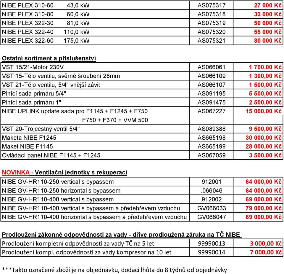 AS066107 1 500,00 Kč Plnící sada primáru 5/4" AS091195 5 500,00 Kč Plnící sada primáru 1" AS091475 2 500,00 Kč NIBE UPLINK update sada pro F1145 + F1245 + F750 AS067227 15 000,00 Kč F750 + F370 + VVM