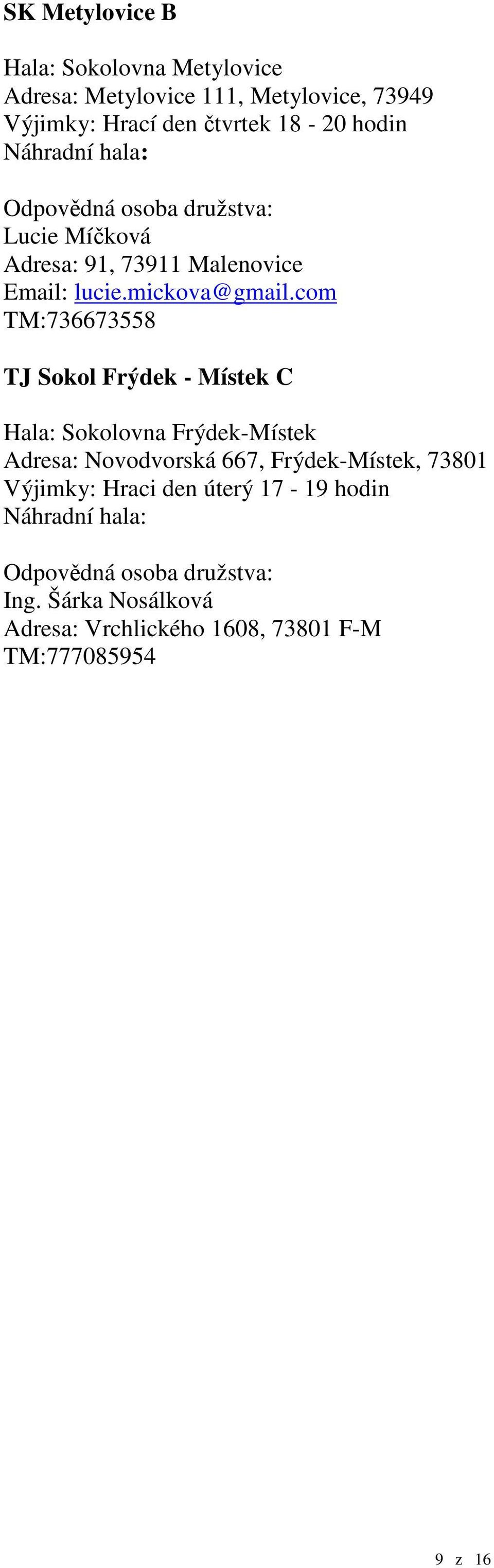 com TM:736673558 TJ Sokol Frýdek - Místek C Hala: Sokolovna Frýdek-Místek Adresa: Novodvorská 667, Frýdek-Místek, 73801