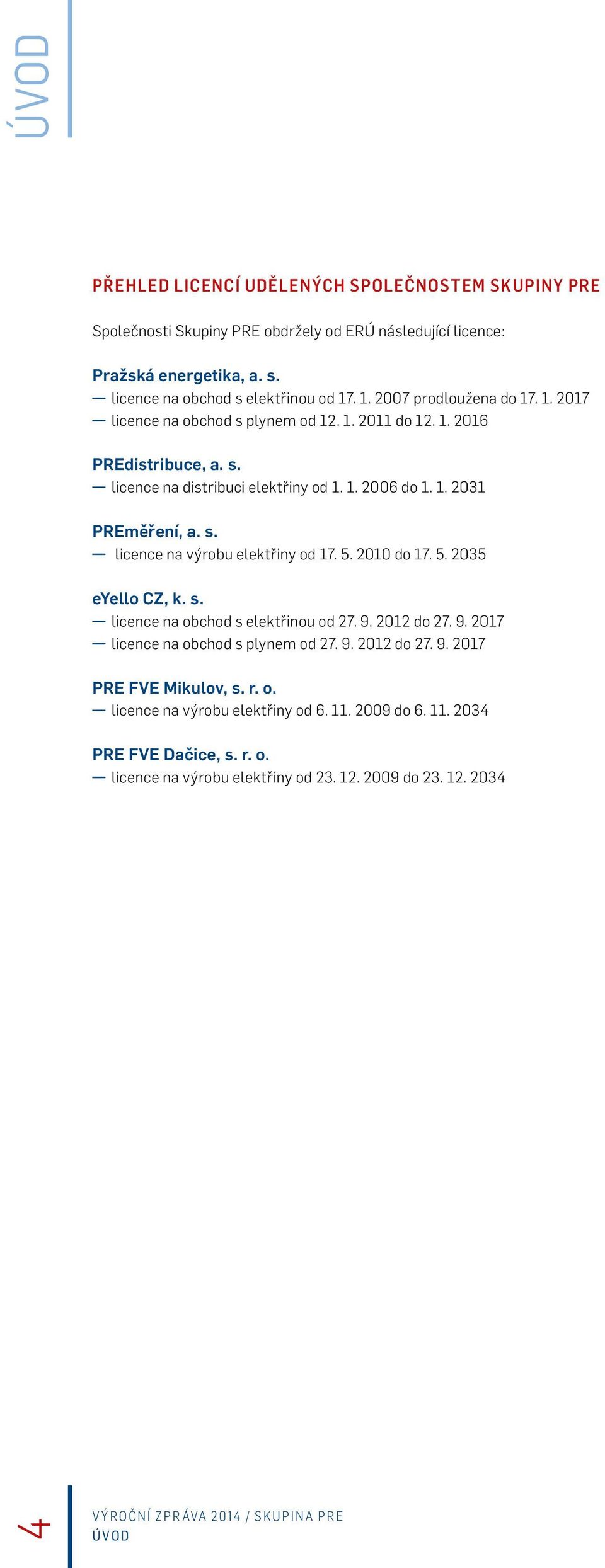 s. licence na výrobu elektřiny od 17. 5. 2010 do 17. 5. 2035 eyello CZ, k. s. licence na obchod s elektřinou od 27. 9. 2012 do 27. 9. 2017 licence na obchod s plynem od 27. 9. 2012 do 27. 9. 2017 PRE FVE Mikulov, s.