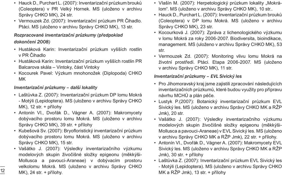 Rozpracované inventarizační průzkumy (předpoklad dokončení 2008) Hustáková Karin: Inventarizační průzkum vyšších rostlin v PR Čihadlo Hustáková Karin: Inventarizační průzkum vyšších rostlin PR