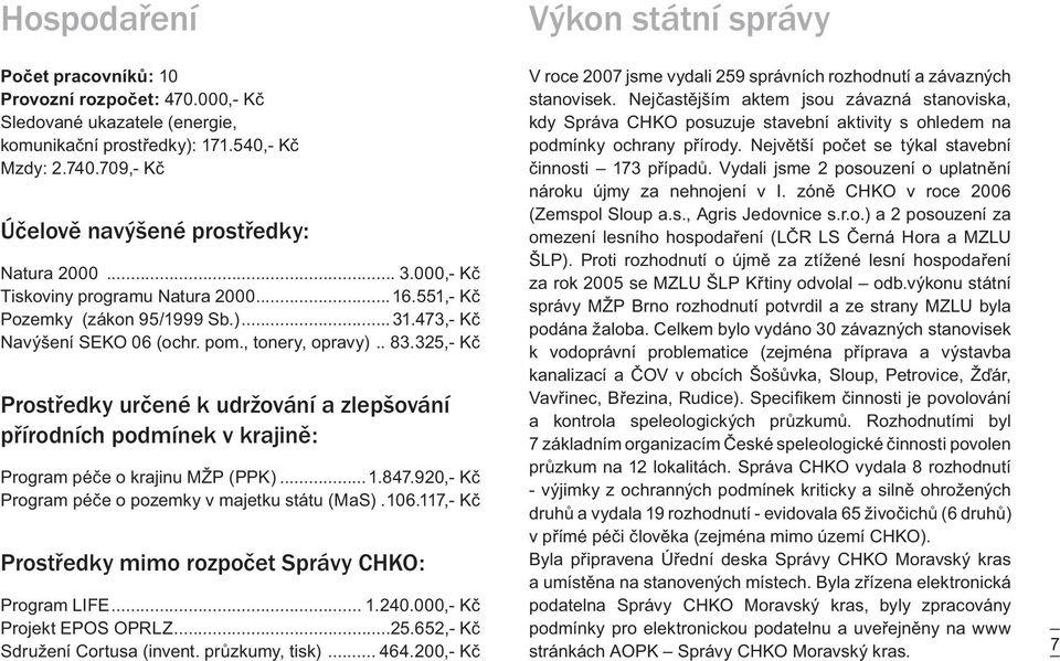 325,- Kč Prostředky určené k udržování a zlepšování přírodních podmínek v krajině: Program péče o krajinu MŽP (PPK)...1.847.920,- Kč Program péče o pozemky v majetku státu (MaS).106.