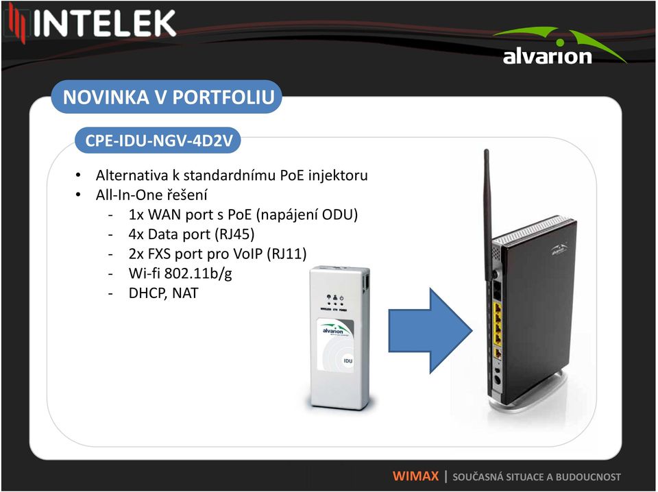 WAN port s PoE(napájení ODU) - 4x Data port (RJ45) -