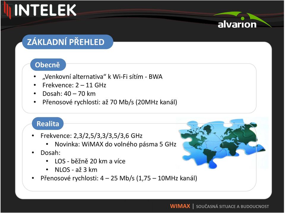 Frekvence: 2,3/2,5/3,3/3,5/3,6 GHz Novinka: WiMAX do volného pásma 5 GHz Dosah: