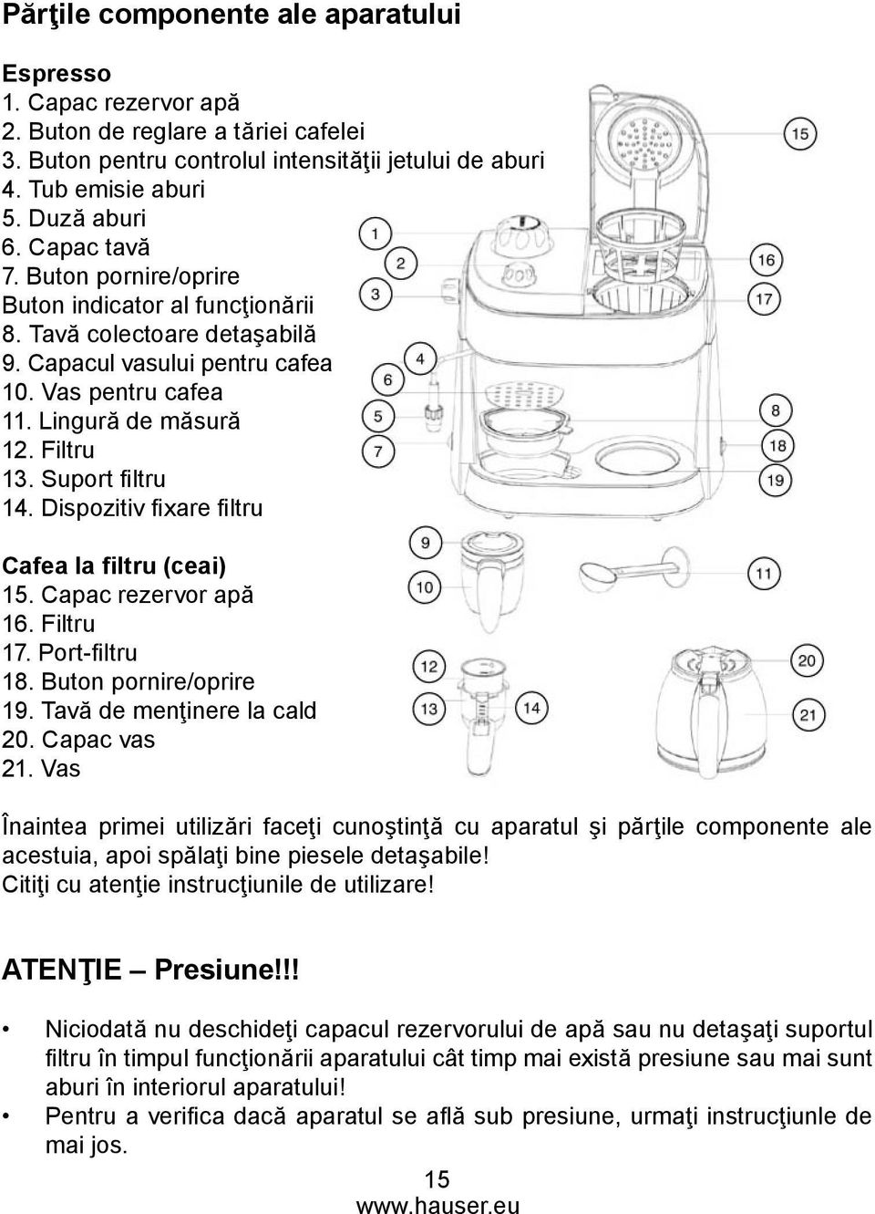 Suport fi ltru 14. Dispozitiv fi xare fi ltru Cafea la filtru (ceai) 15. Capac rezervor apă 16. Filtru 17. Port-fi ltru 18. Buton pornire/oprire 19. Tavă de menţinere la cald 20. Capac vas 21.