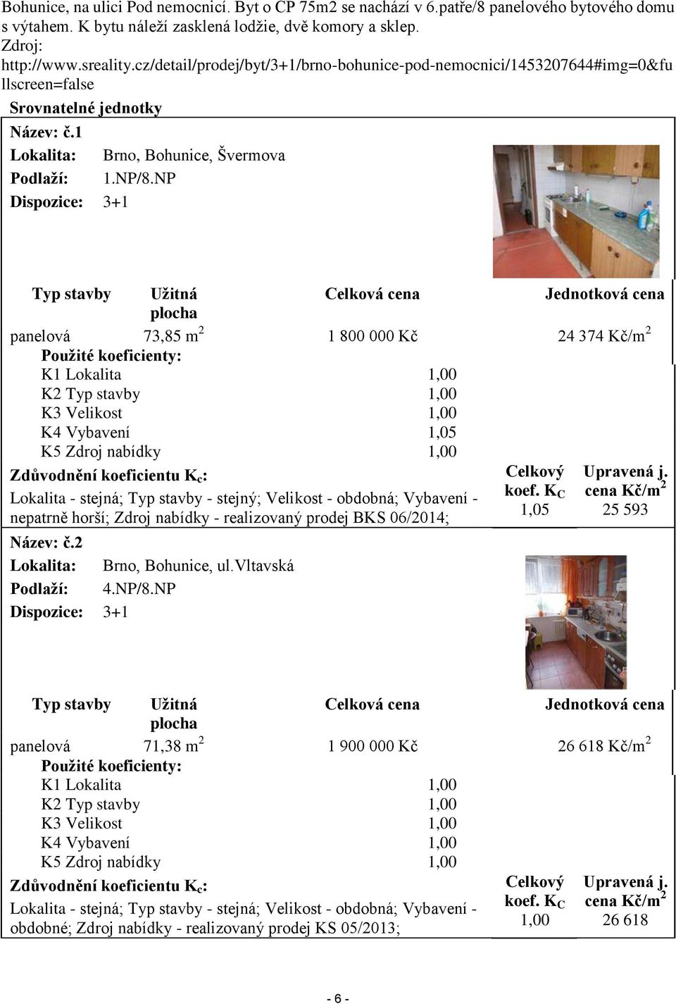 NP Dispozice: 3+1 Typ stavby Užitná Celková cena Jednotková cena plocha panelová 73,85 m 2 1 800 000 Kč 24 374 Kč/m 2 Použité koeficienty: K1 Lokalita 1,00 K2 Typ stavby 1,00 K3 Velikost 1,00 K4