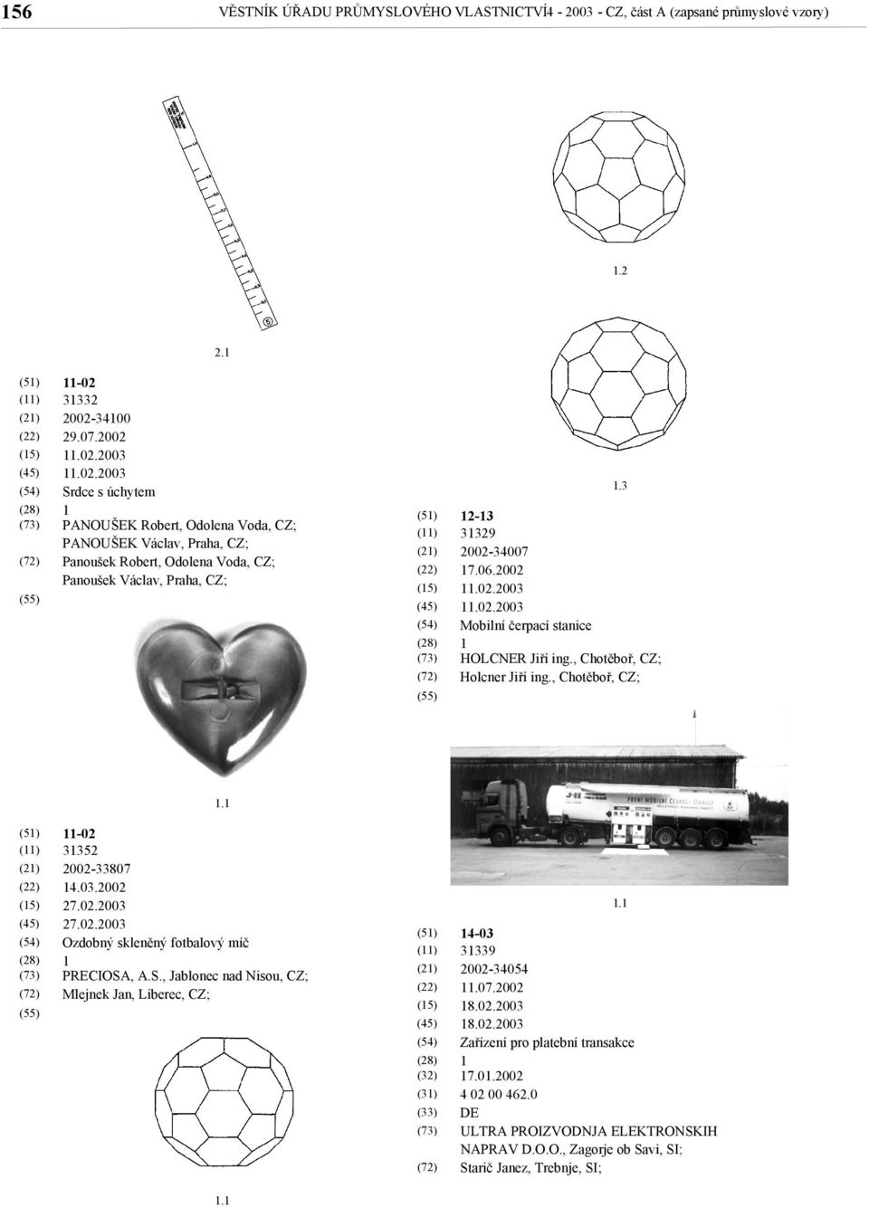 3 2-3 3329 2002-34007 7.06.2002.02.2003.02.2003 Mobilní čerpací stanice HOLCNER Jiří ing., Chotěboř, CZ; Holcner Jiří ing., Chotěboř, CZ; -02 3352 2002-33807 4.03.2002 27.02.2003 27.02.2003 Ozdobný skleněný fotbalový míč PRECIOSA, A.