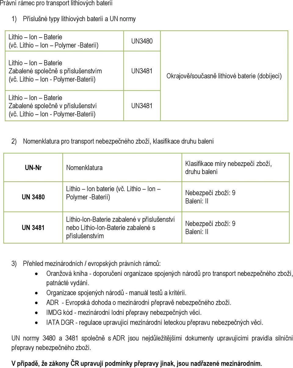 Lithio Ion - Polymer-Baterií) UN3480 UN3481 Okrajově/současně lithiové baterie (dobíjecí) Lithio Ion Baterie Zabalené společně v příslušenství (vč.