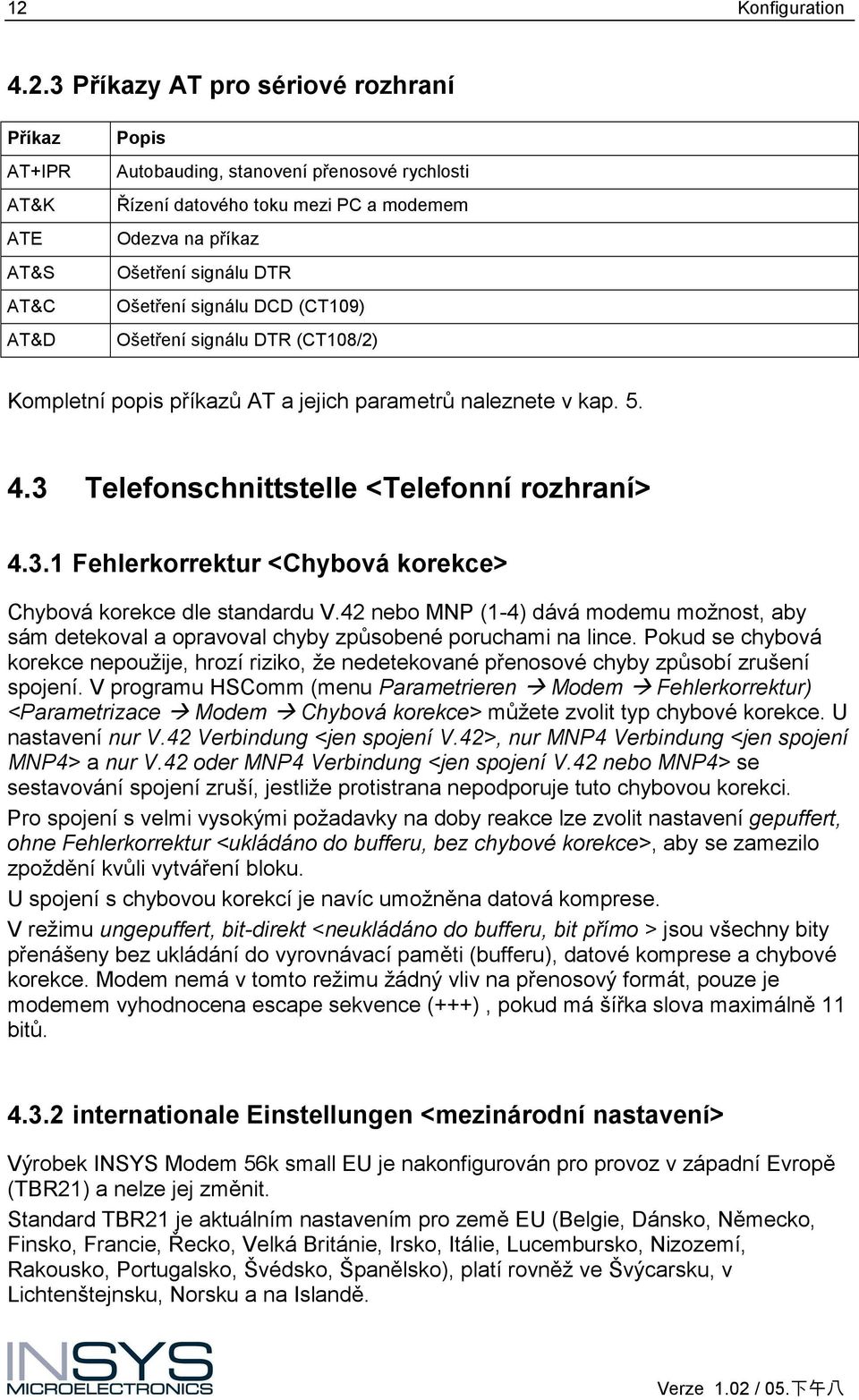 Telefonschnittstelle <Telefonní rozhraní> 4.3.1 Fehlerkorrektur <Chybová korekce> Chybová korekce dle standardu V.