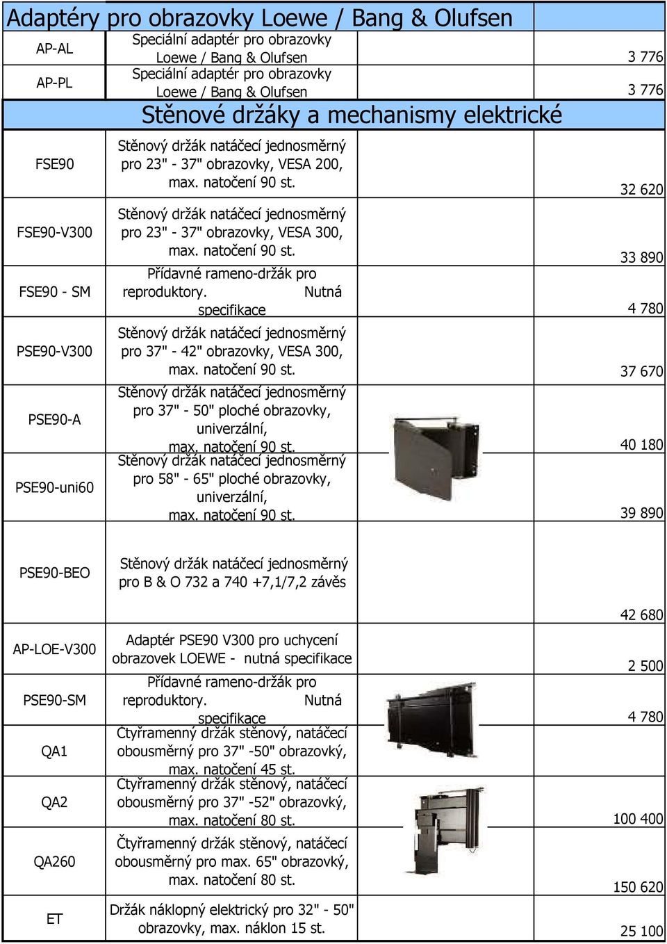 32 620 Stěnový držák natáčecí jednosměrný pro 23" - 37" obrazovky, VESA 300, max. natočení 90 st. 33 890 Přídavné rameno-držák pro reproduktory.