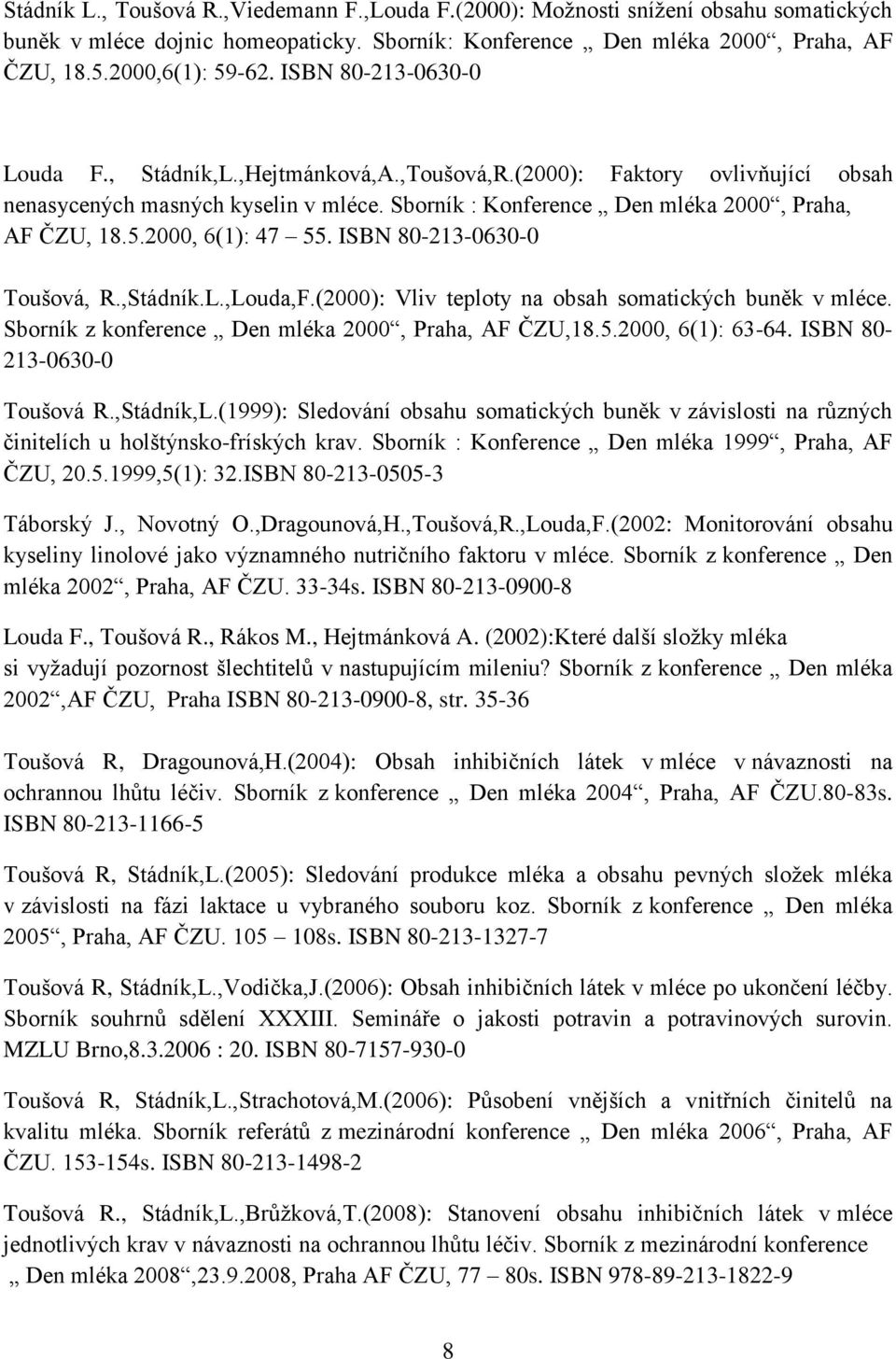 2000, 6(1): 47 55. ISBN 80-213-0630-0 Toušová, R.,Stádník.L.,Louda,F.(2000): Vliv teploty na obsah somatických buněk v mléce. Sborník z konference Den mléka 2000, Praha, AF ČZU,18.5.2000, 6(1): 63-64.