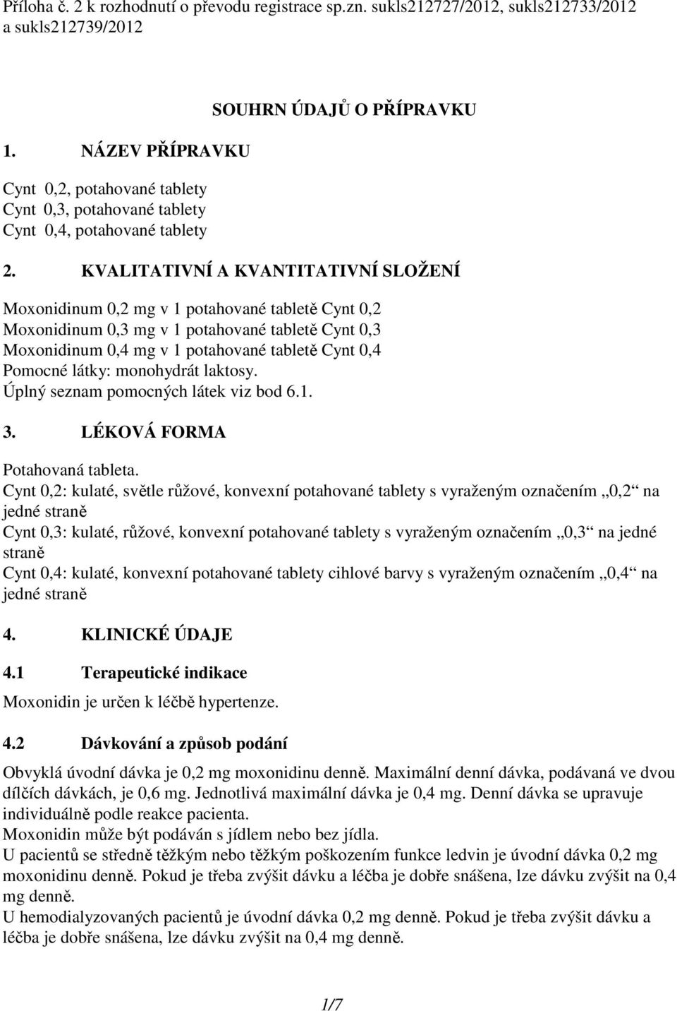 KVALITATIVNÍ A KVANTITATIVNÍ SLOŽENÍ Moxonidinum 0,2 mg v 1 potahované tabletě Cynt 0,2 Moxonidinum 0,3 mg v 1 potahované tabletě Cynt 0,3 Moxonidinum 0,4 mg v 1 potahované tabletě Cynt 0,4 Pomocné