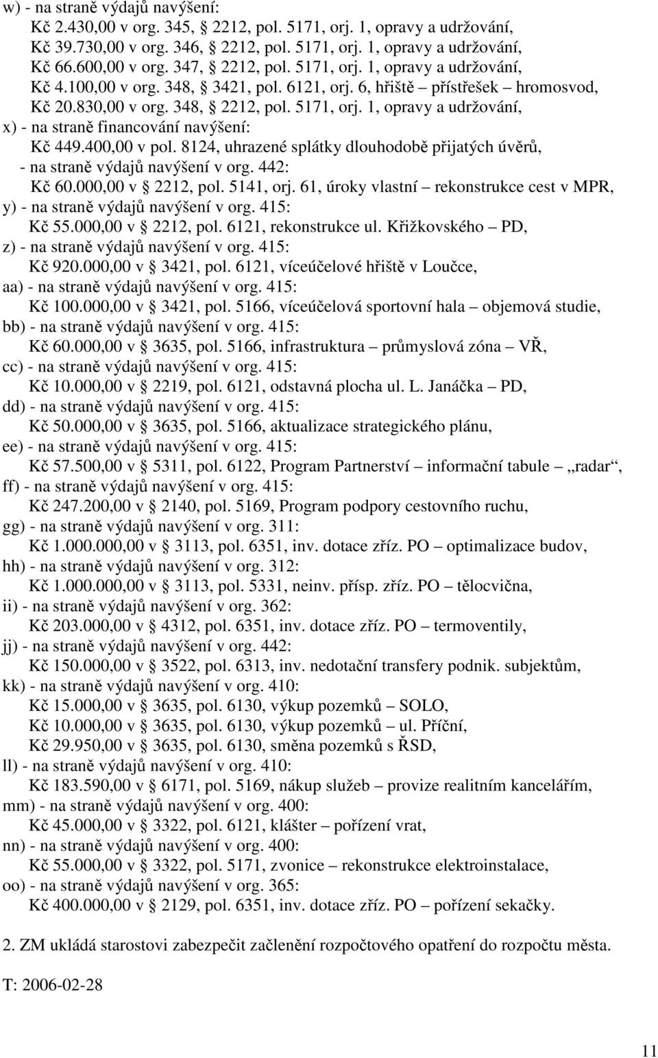 400,00 v pol. 8124, uhrazené splátky dlouhodobě přijatých úvěrů, - na straně výdajů navýšení v org. 442: Kč 60.000,00 v 2212, pol. 5141, orj.