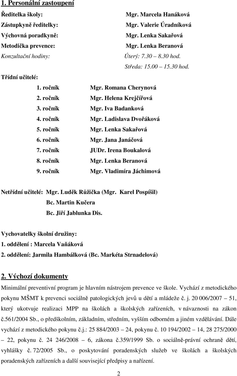 ročník Mgr. Ladislava Dvořáková 5. ročník Mgr. Lenka Sakařová 6. ročník Mgr. Jana Janáčová 7. ročník JUDr. Irena Boukalová 8. ročník Mgr. Lenka Beranová 9. ročník Mgr. Vladimíra Jáchimová Netřídní učitelé: Mgr.