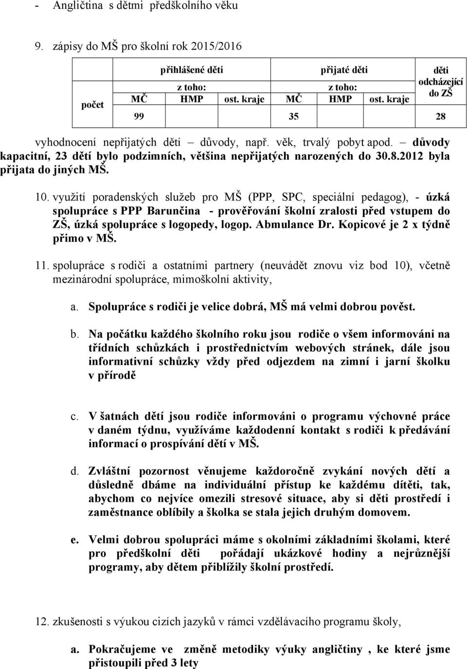 využití poradenských služeb pro MŠ (PPP, SPC, speciální pedagog), - úzká spolupráce s PPP Barunčina - prověřování školní zralosti před vstupem do ZŠ, úzká spolupráce s logopedy, logop. Abmulance Dr.