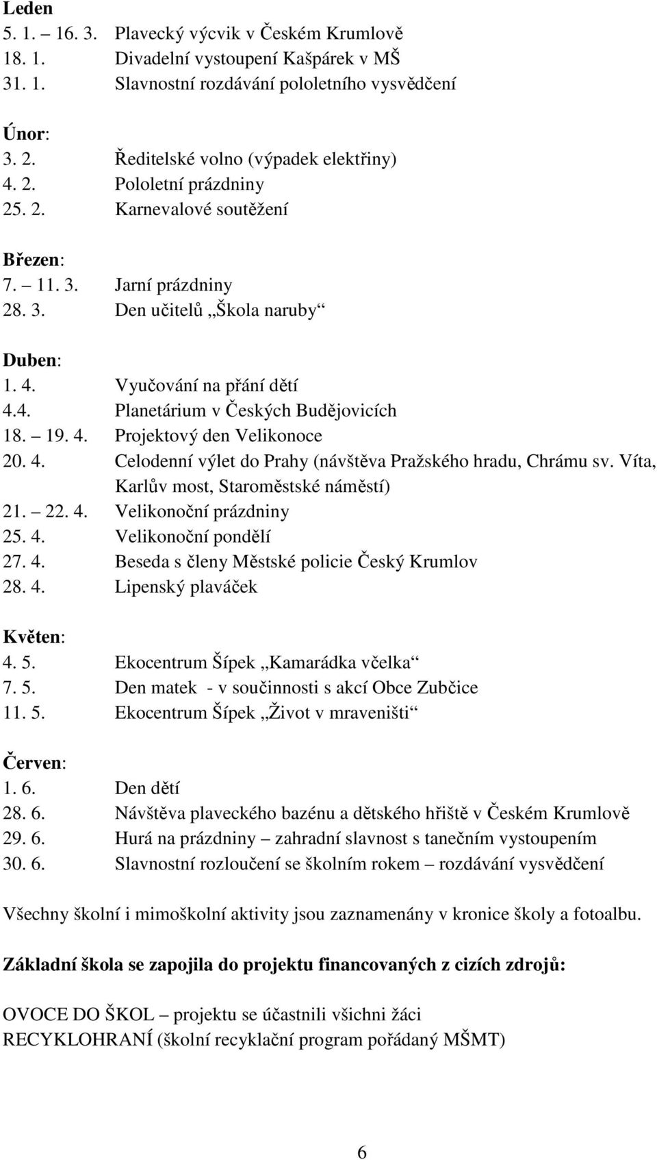 4. Celodenní výlet do Prahy (návštěva Pražského hradu, Chrámu sv. Víta, Karlův most, Staroměstské náměstí) 21. 22. 4. Velikonoční prázdniny 25. 4. Velikonoční pondělí 27. 4. Beseda s členy Městské policie Český Krumlov 28.