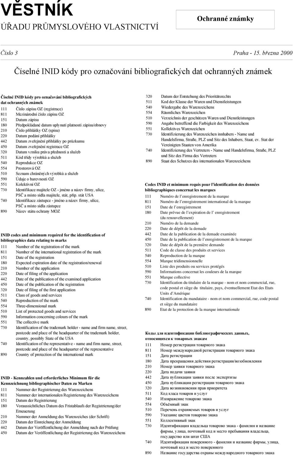 554 510 590 551 730 740 890 Číslo zápisu OZ (registrace) Mezinárodní číslo zápisu OZ Datum zápisu Předpokládané datum uplynutí platnosti zápisu/obnovy Číslo přihlášky OZ (spisu) Datum podání